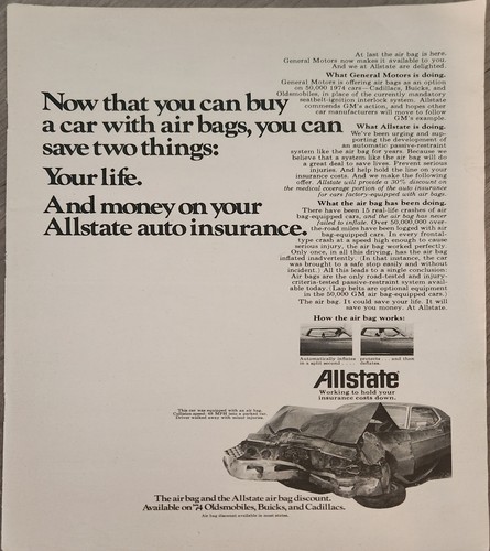 1974 Allstate Auto Insurance Vintage Ad How Air Bags Work 13" x 10"