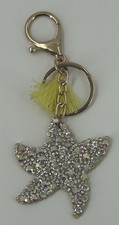 Starfish Clear Sparkle Rhinestone Keychain Yellow Tassel Gold Tone Key Ring Clip