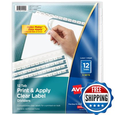 Avery 12-Tab Binder Dividers Easy Print Apply Clear Label Strip Index Maker