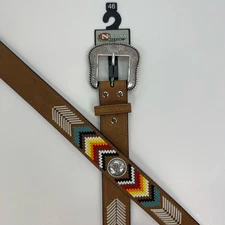 NOCONA BELT CO Leather Belt Western Mens 46 Southwest Embroidered Concho Tan NWT