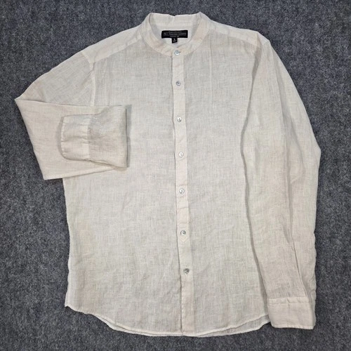 The J. Peterman Company Shirt Men Large Linen Beige Band Collar Turkey Button Up