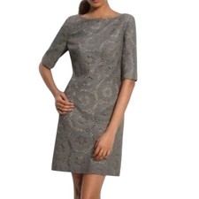 ADRIANNA PAPELL Crochet Sheath Dress Gray Petite 4P Boat Neck Half Sleeve