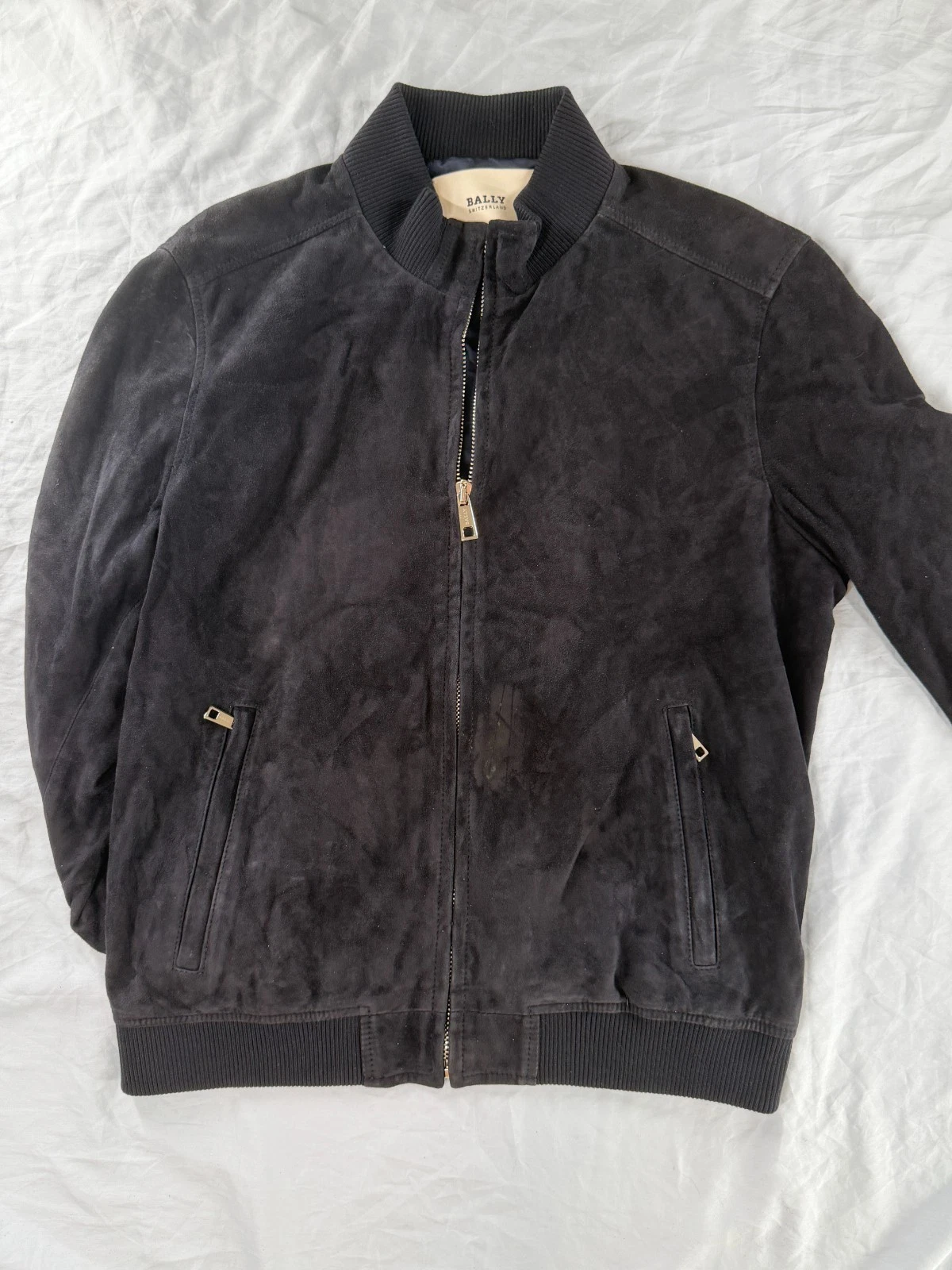 Bally Men's Navy Goat Suede Bomber Jacket IT 50 US 40 Made in Italy AS IS - product detail image 1