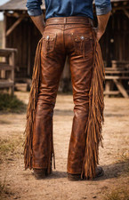 Men s Vintage Western Fringe Leather Pants Cowboy Biker Style Trousers