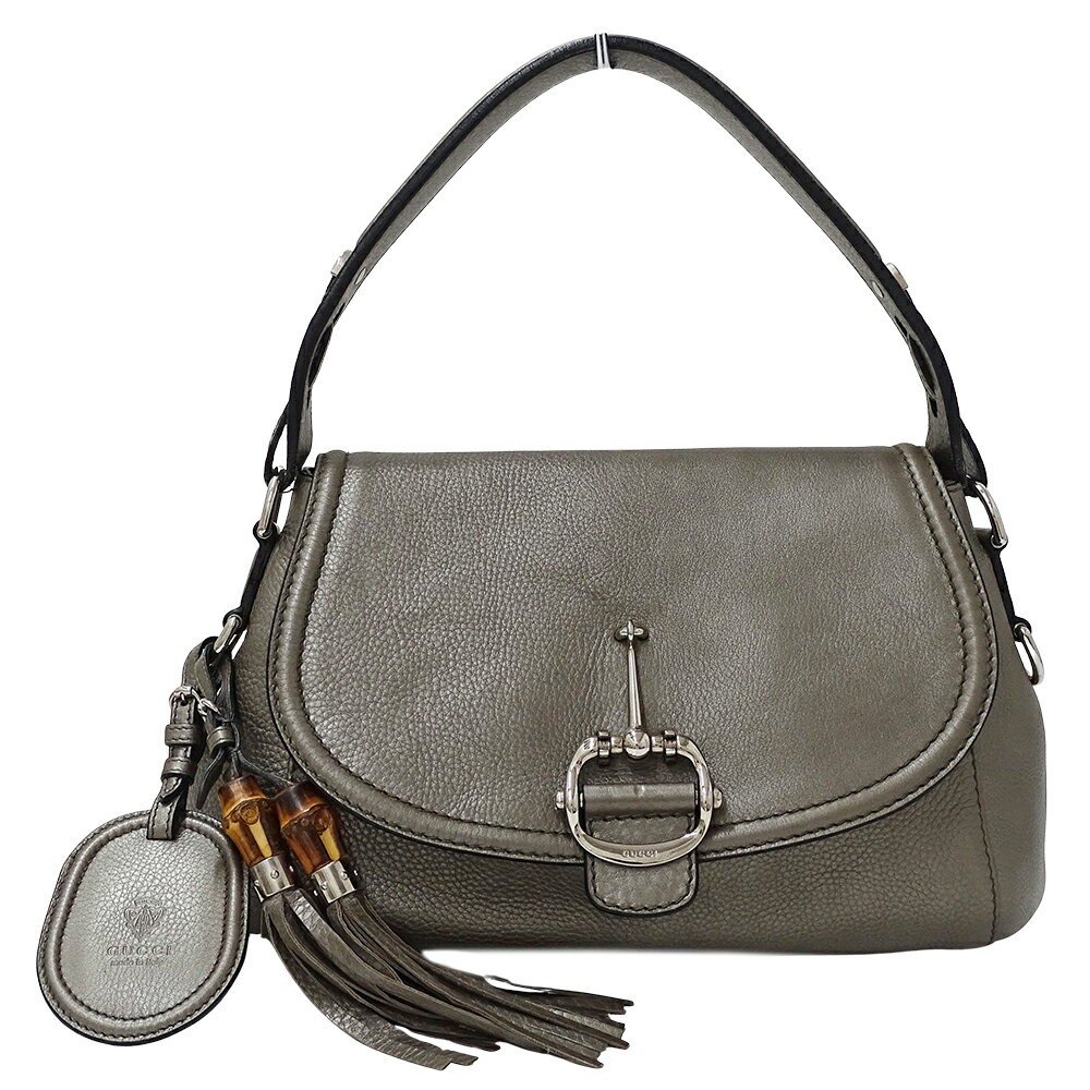 GUCCI Women's Horsebit Shoulder Bag  Bronze Metallic Gray Bamboo Leather 240266