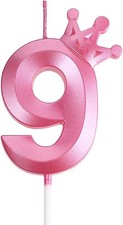 3.15 inch Pink 9 Birthday Candles, 3D Crown 9 Cake per for