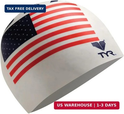 NEW TYR Swimming Silicone Swim Cap White USA Flag 2000