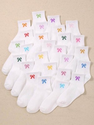 Kids' White Mid-Calf Socks   Soft Breathable Bow Pattern Socks for Girls (5, 10