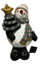 VINTAGE Snowman Christmas Paper Mache W/ Tree Tall 17” Folk Art Primitive Signed