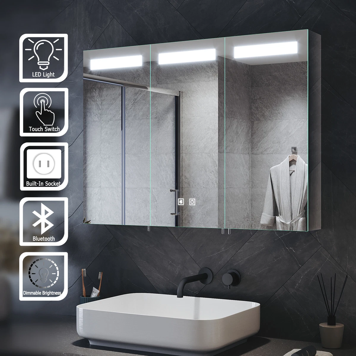 Bathroom LED Mirror Cabinet 900 650mm with Bluetooth Shaver Socket Touch Sensor