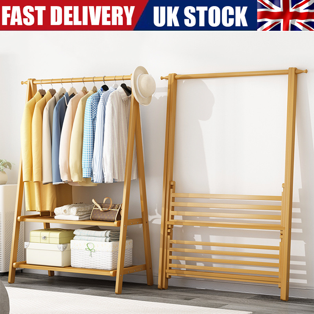 Foldable Bamboo Clothes Garment Rack Coat Hanging Stand Open Storage Shelf  Rack-