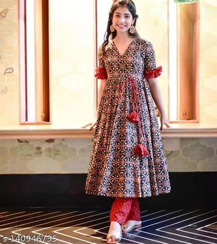 Patola Print Fit u0026 Flare Tunic Printed Anarkali Indo-Western Jaipuri Kurti  Pant | eBay