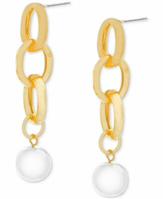 Steve Madden Gold-Tone Chain Link & Imitation Pearl Linear Drop Earrings