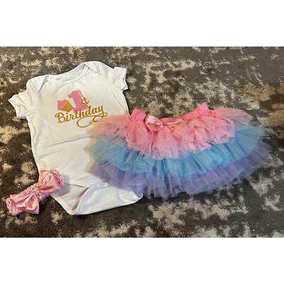 Girls' Three-Piece 1st Birthday Set One-Piece Tutu headband 9-12 Months (NEW)