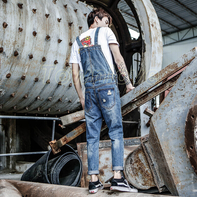 Men Denim Jumpsuit Detachable Jeans Overalls Casual Slim Rompers Cowboy  Trousers