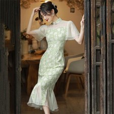 Women Floral Fishtail Slim Fit Dress Chinese Lace Cheongsam Qipao Casual