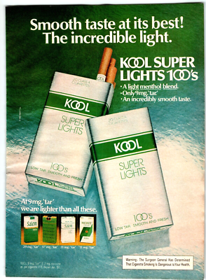 Print Ad 1980 Kool Super Lights 100's Smooth Taste Incredibly Light  Cigarettes