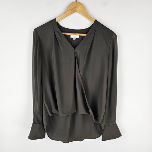Witchery Top Womens Size 8 Green Wrap Style Hi Low Hem Sheer Long Sleeve V Neck