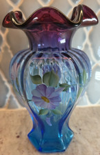Fenton Mulberry Hex Vase Art Glass Signed George Fenton Rare 1997 Blue to Purple