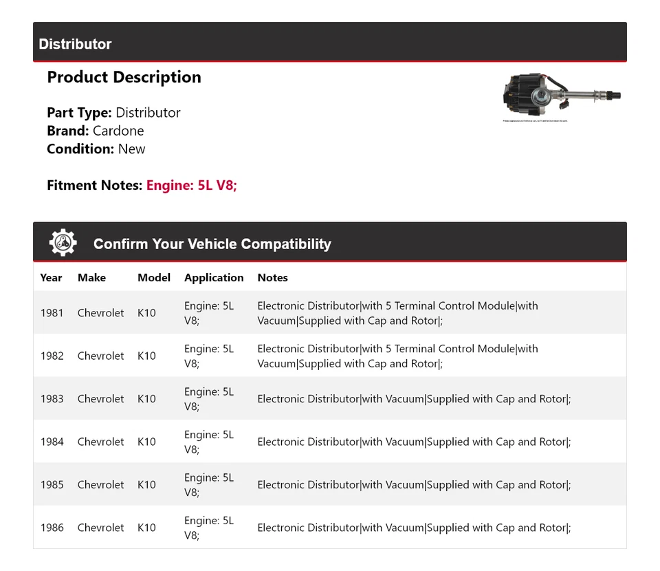 Para Chevrolet K10 1981-1986 5L V8 Distribuidor Cardone 1982 1983 1984 1985 Foto 2 de 4