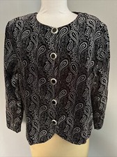 Vtg Fritzi California Black Velvet Button Jacket With Raised Silver Designs L/XL