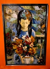 ORIGINAL ASIATIC ART GIRL FLOWERS VERY LARGE CUBIST IMPRESSIONISM SURREALISM