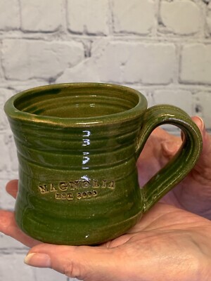Vintage Magnolia Brand EST 2003 Green Ceramic Mug Black Oak Art Waco, TX 