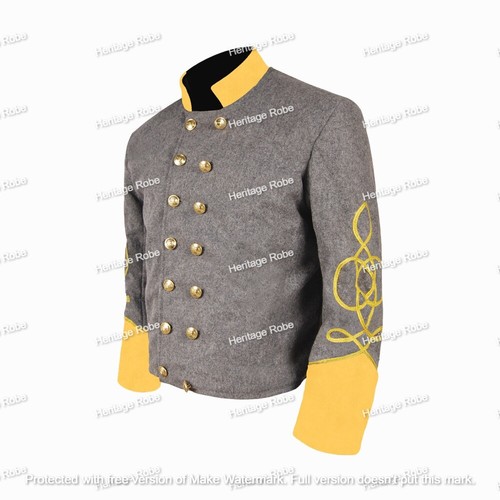 US Civil War Confederate Shell Jacket Grey Double Breasted Yellow Cuff Collar - Picture 8 of 10