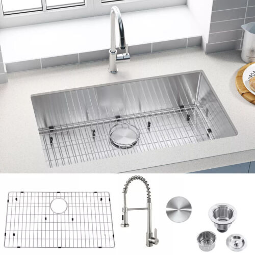 32 in Undermount Kitchen Sink Stainless Steel Single Bowl Under Counter Basin