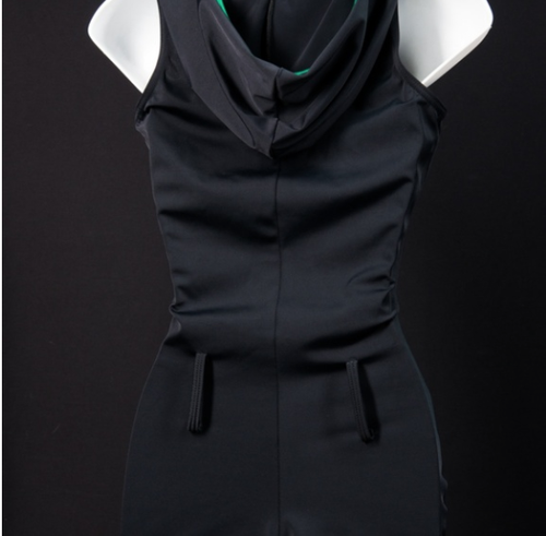 black bodysuit with hoodie green trim and rhinestone zipper dance rave party S - Picture 7 of 12