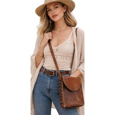 VTG 1973 Patina Leather Crossbody Bag Boho Hippie Handmade Tooled Brown