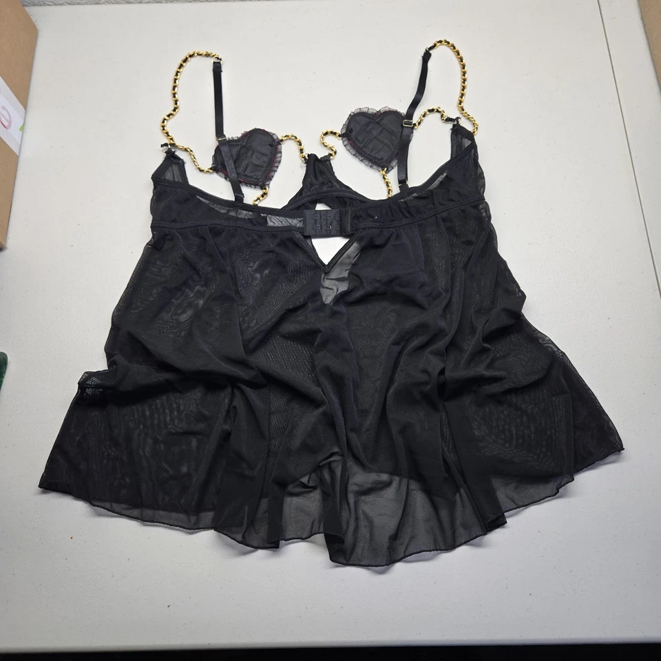 Sujetador Frederick's Of Hollywood para mujer XL negro corazones cadenas volantes transparentes Foto 3 de 4