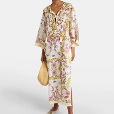Tory Burch Rabbit Printed Linen Gauze Caftan Dress Meadow Field Animal Floral XL
