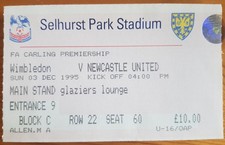 Wimbledon v Newcastle United set of 4 match tickets - 3/12/95 - Premier League