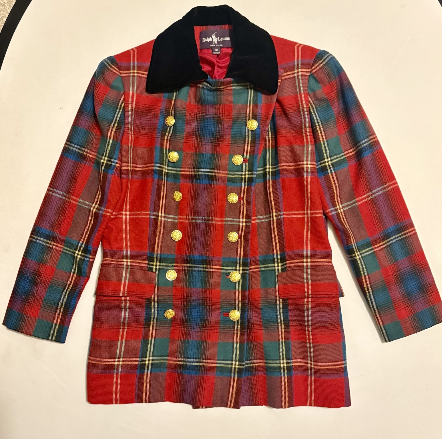 Vintage Ralph Lauren Wool Tartan Plaid Blazer 90s Runway Red Gold Button Jacket image 7