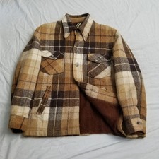 VTG Sears Flannel Shirt Jacket Mens Large Brown Plaid Fleece Lined Shacket 70s