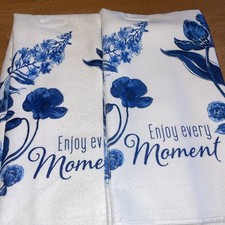 NWT Two Microfiber Kitchen Towels Enjoy every Moment Blue White 15 x 25
