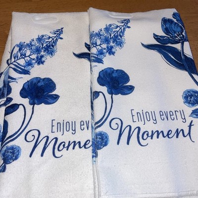 NWT~ Two Microfiber Kitchen Towels ~Enjoy every Moment~ Blue & White 15 x 25 