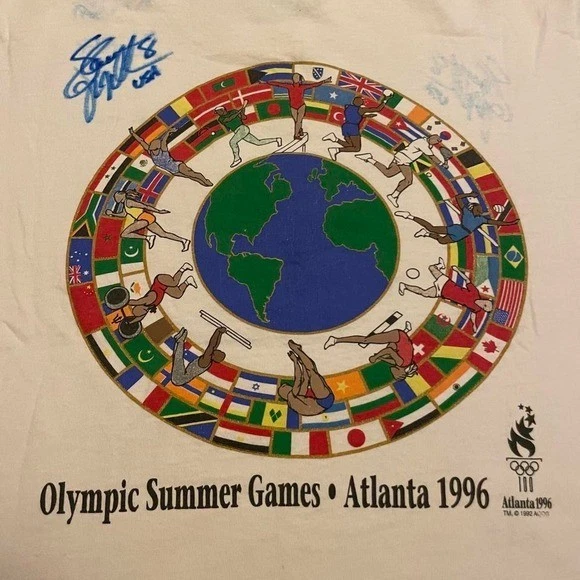 Camiseta blanca de colección firmada Shannon MacMillan 1996 Juegos Olímpicos de Atlanta banderas mundiales M Foto 2 de 4