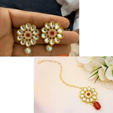 Kundan Pearl Maang Tikka with Earrings Set Gold Plated Bridal Jewelry Free Shipp