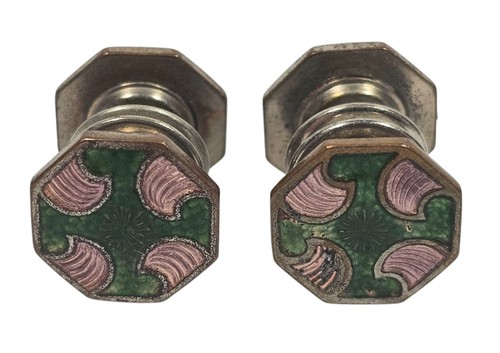 Gemelli a scatto vintage Art Deco Mosain smalto verde e rosa