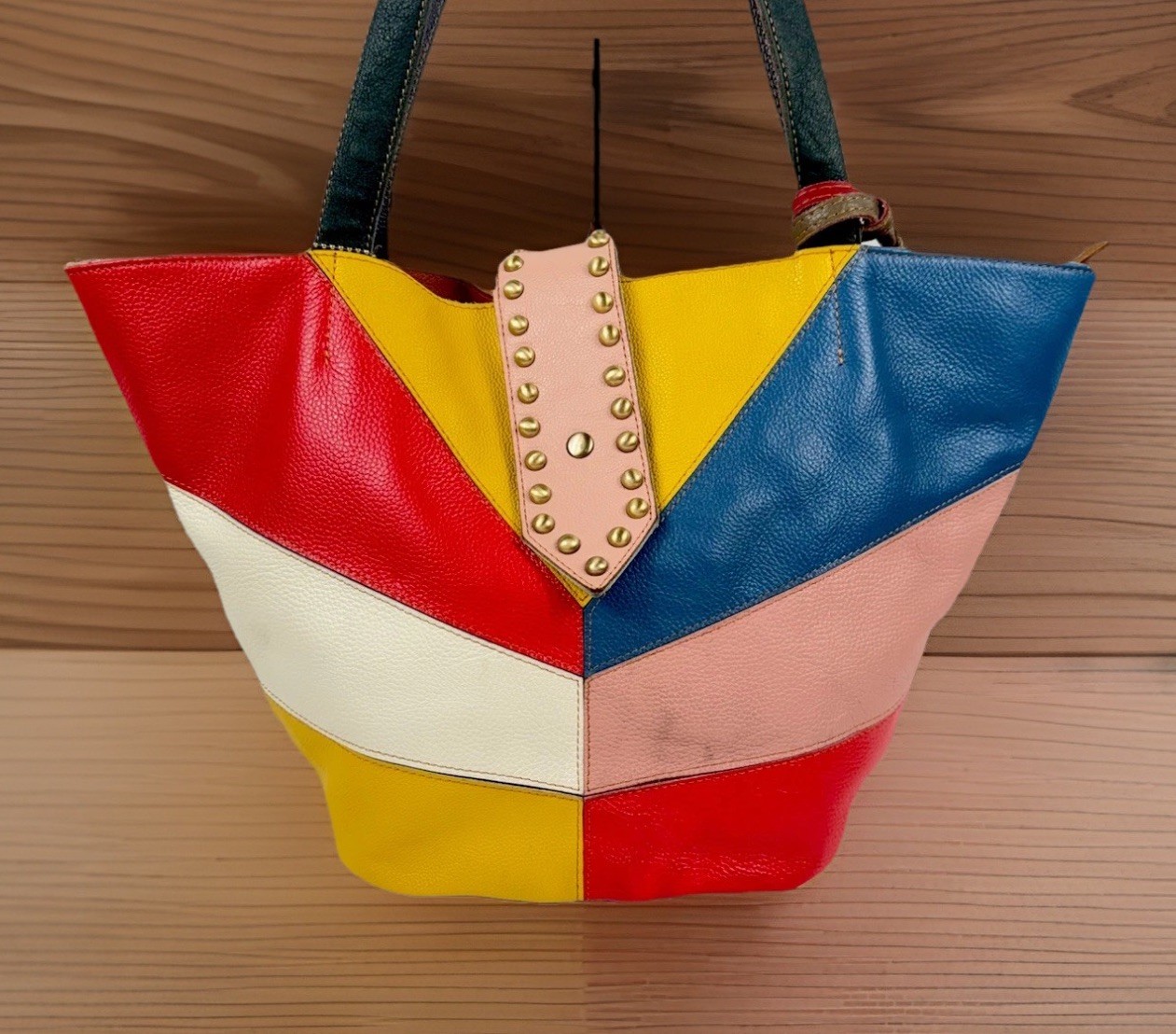 AmeriLeather Patchwork Rainbow Studded Large Leat… - image 3