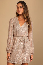 Lulus Sparkly Darling Beige Sequin Long Sleeve Wrap Dress Mini XS Champagne