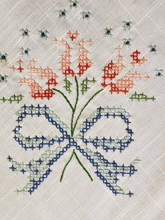Vintage Cotton Tablecloth Hand Embroidered Floral Ribbons Cottagecore 60s Estate