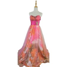 Colors Dress Abstract Hot Pink Orange Strapless Long Sheer Mesh Prom Dress 4 EUC