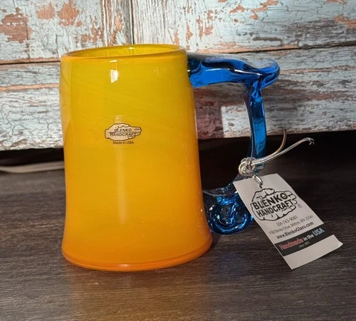 Blenko Glass Tankard Mug Yellow Cobalt Blue Handle 2018