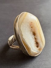 Vintage Handcrafted Silver Ring Beige Natural Agate Ring Handcrafted Size 8 US