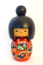KOKESHI ~ MIYAMA  KEIJI ~ 6" ~ ORANGE / RED ~ FLOWER / LEAF ~ HAIR BUN ~ SHY