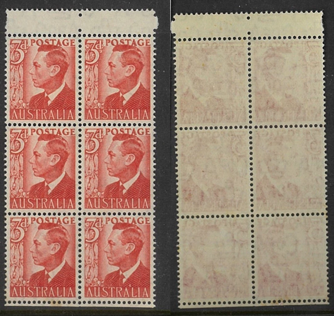 1950 Australia KGVI MNH Panel Tabs Block of 6x 3d Stamps Crown Watermarks issue