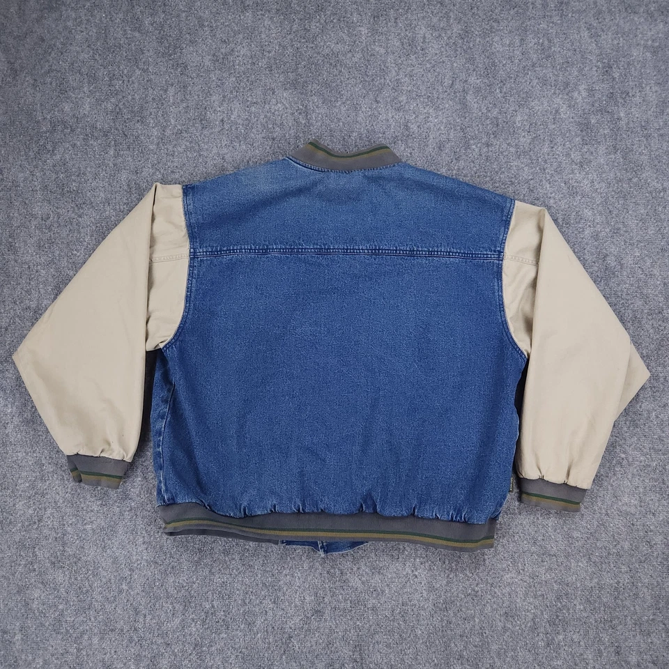 Mustang Jacket Mens XL Blue Denim Beige Canvas Bomber Snap Button Varsity Retro - Image 2 of 4
